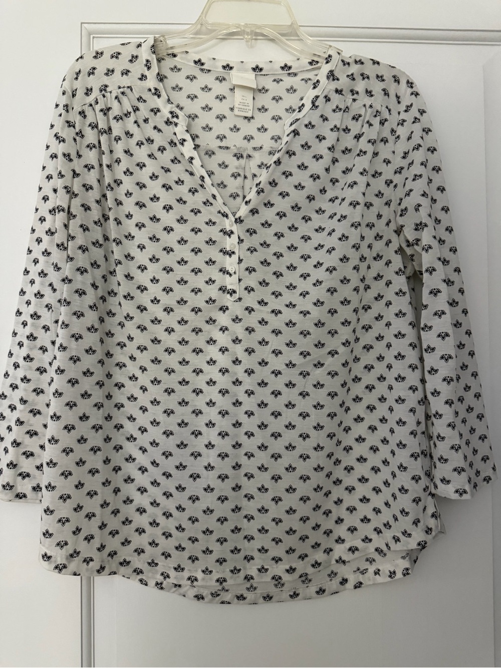 H&M White Henley Blouse with Black Floral Print